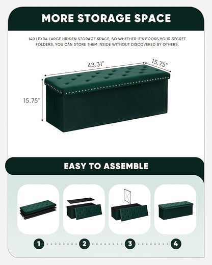 B FSOBEIIALEO Storage Ottoman Bench, Folding Tufted Ottoman with Storage, Extra Large 140L Toy Chest Bench for Bedroom, Luxury Velvet Fabric, 43 Inches Green