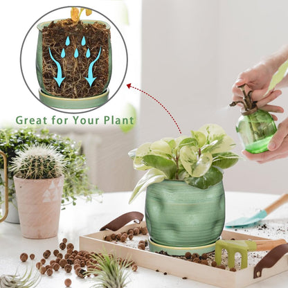 5.7 inch Ceramic Pots for Plants, Plant Pot with Drainage Hole and Saucer Sage Green Ceramic Indoor Planter with Tray Decorative Flower Pots for Succulent, Cactus, Snake Plant, Herb Indoor Outdoor