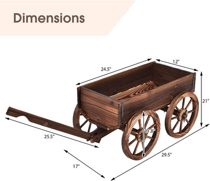 LDAILY Wooden Wagon Planter Pot, Decorative Flower Cart with Handle, Wheels, Drain Holes, Outdoor Rustic Wheelbarrow Planter Stand for Patio, Garden, Backyard, Balcony, Brown