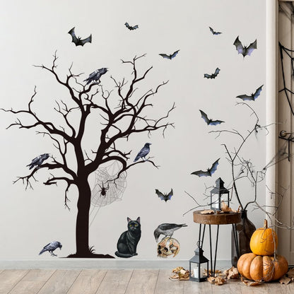 Halloween Horror Tree Wall Decals Scary Gothic Black Crow Bat Cat Wall Stickers Halloween Wallpaper Peel and Stick Removable Wall Art Decal for Bedroom Living Room