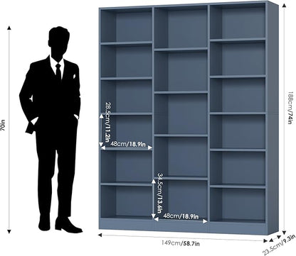 FACBOTALL Triple Wide Bookshelf, 6 Tier Large Bookshelf, Bookcase with 17 Open Display Shelves, 74'' Tall Bookcases and Bookshelves for Living Room, Home Office, Library, Blue