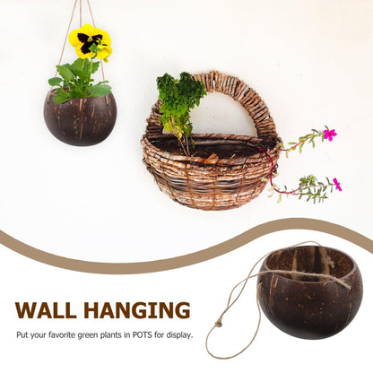 GANAZONO Coconut Shell Hanging Planter with Rope - Natural Indoor & Outdoor Hanging Pot for Orchids and Small Plants Eco-Friendly Round Coconut Planters for Home and Balcony Decor