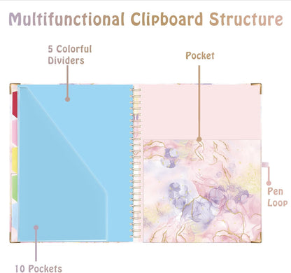 HAUTOCO Clipboard Folio with Refillable Notepad for Letter Size (11" x 8.5"), 5 Dividers with 10 Pockets, Elastic Pen Holder and File Folder Labels, Spiral Nurse Clipboard Artboard(Pink Marble)