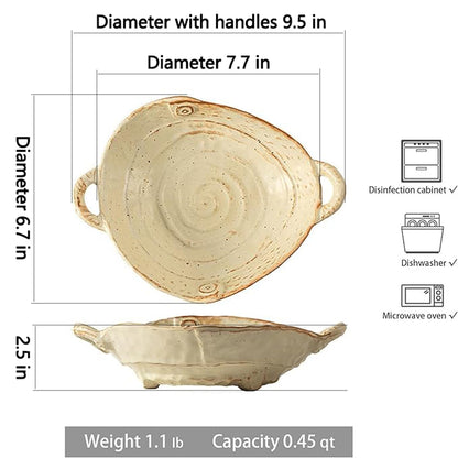 Amitofo Free-Form Edge Small Ceramic Bowl with Handles, Retro Distressed Style Glazed for Fruit Bowl,Salad Bowl,Table Centerpiece Decor