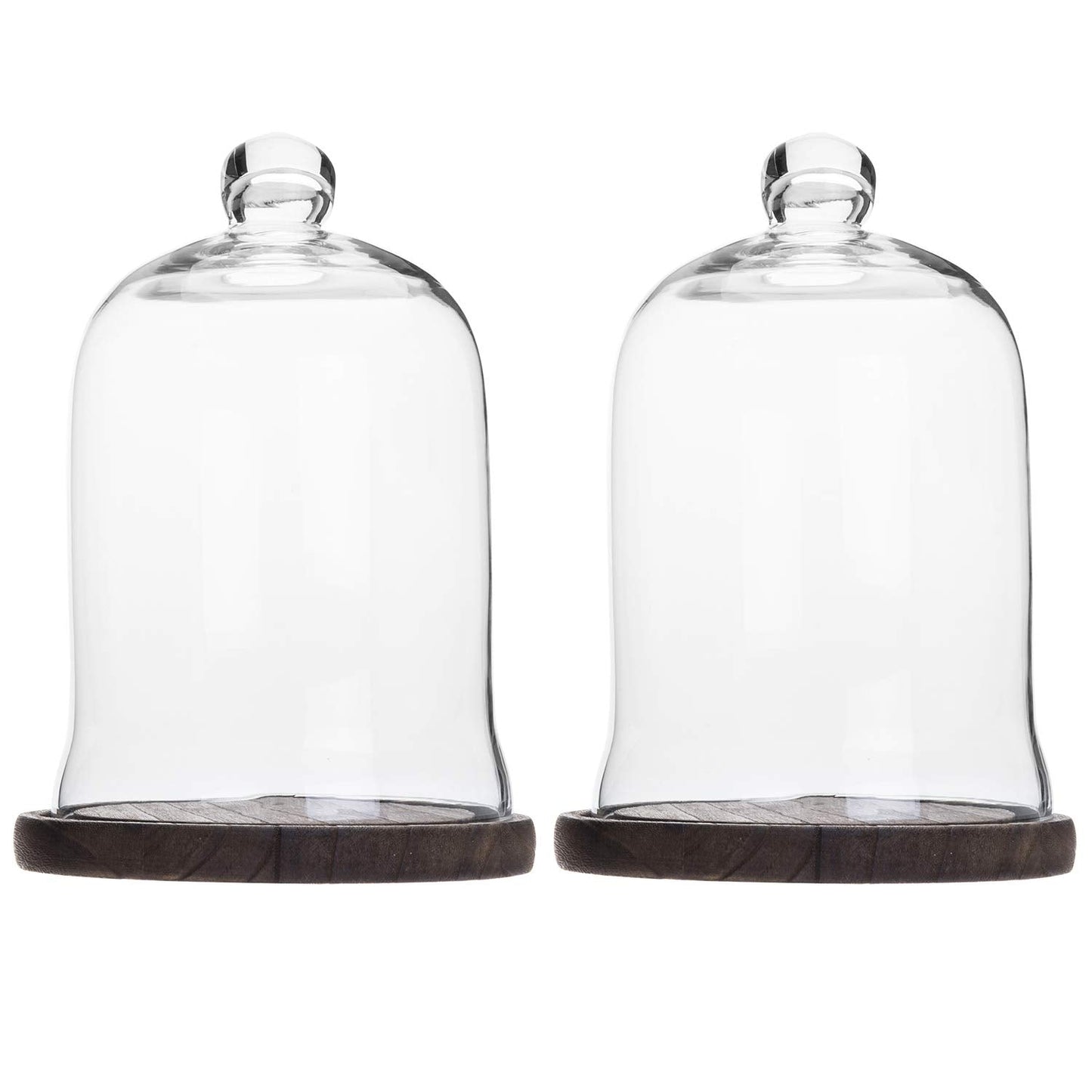 MyGift Clear Cloche Glass Dome, Display Bell Jar with Top Handle and Rustic Brown Solid Wood Base, Set of 2