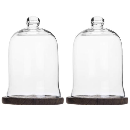 MyGift Clear Cloche Glass Dome, Display Bell Jar with Top Handle and Rustic Brown Solid Wood Base, Set of 2