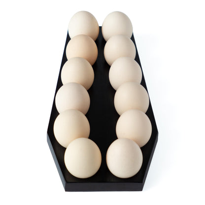 Spooky Gothic Coffin Egg Tray - Black Wooden Egg Holder for Soft Boiled Eggs - Unique Halloween Kitchen Decor - Ideal Gothic Kitchen Accessory - Perfect for Witchy, Haunted House Themes (12 eggs)