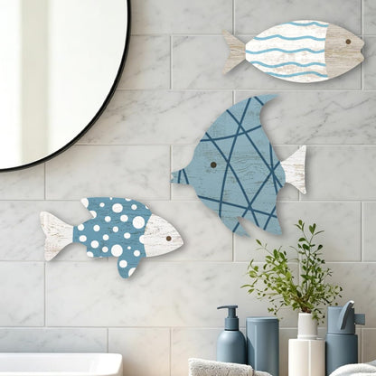 PRESSINART 3 Pcs Wooden Fish Wall Decor Sea Wall Sculptures Fishs Ocean Theme Hanging Art Signs for Lake House Restaurants Shop Bedroom Bathroom Dining Room Kitchen Home Office Garden Decorations