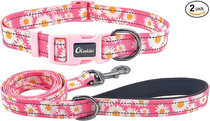Dog Collar Leash Set, Floral Pattern, with Safety Reflective Strips, 5 ft Matching Leash, Neoprene Padded Handle, Adjustable 4 Sizes for Small Medium Large Dogs.(S, Pink Daisy)