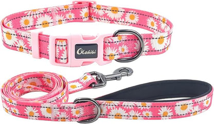 Dog Collar Leash Set, Floral Pattern, with Safety Reflective Strips, 5 ft Matching Leash, Neoprene Padded Handle, Adjustable 4 Sizes for Small Medium Large Dogs.(M, Pink Daisy)