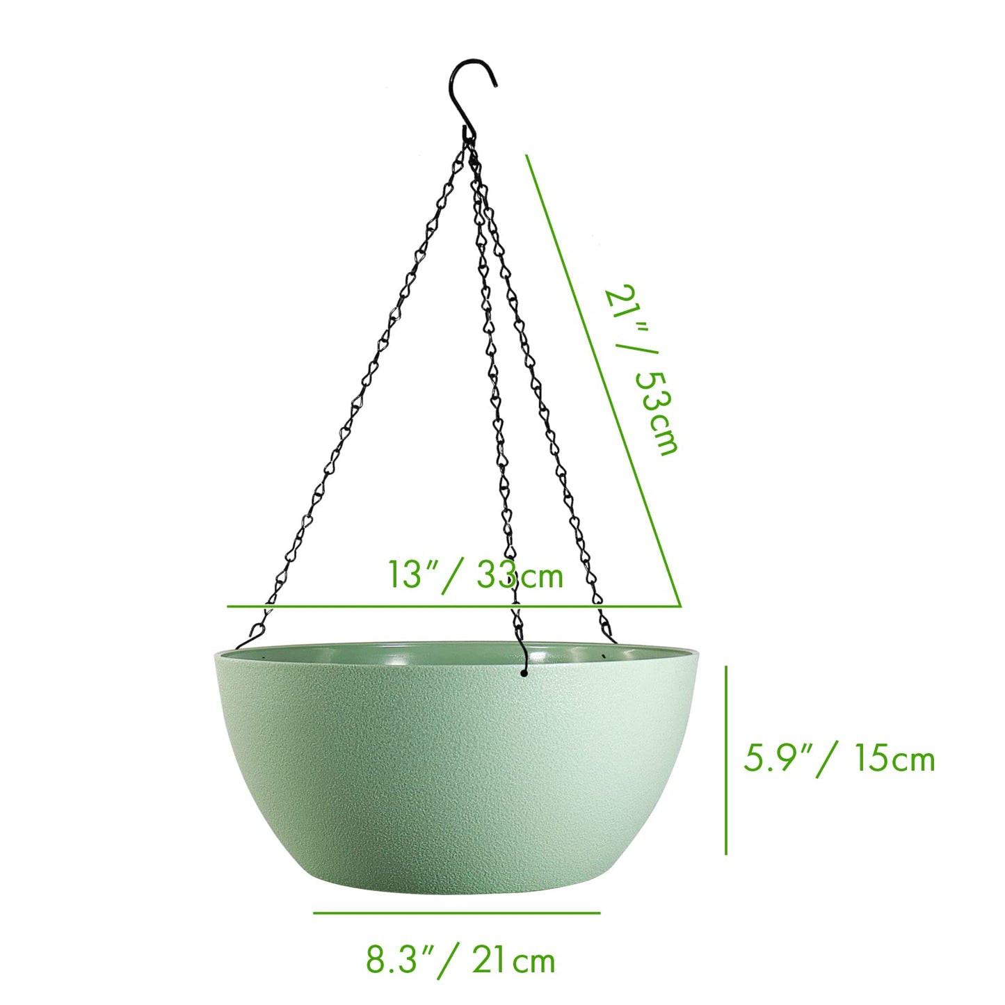 WOUSIWER 13 inch 2 Pack Large Hanging Planters for Indoor Outdoor Plants with Drainage Holes and Chain, Round Hanging Flower Pots for Garden Home Porch Decor, Green