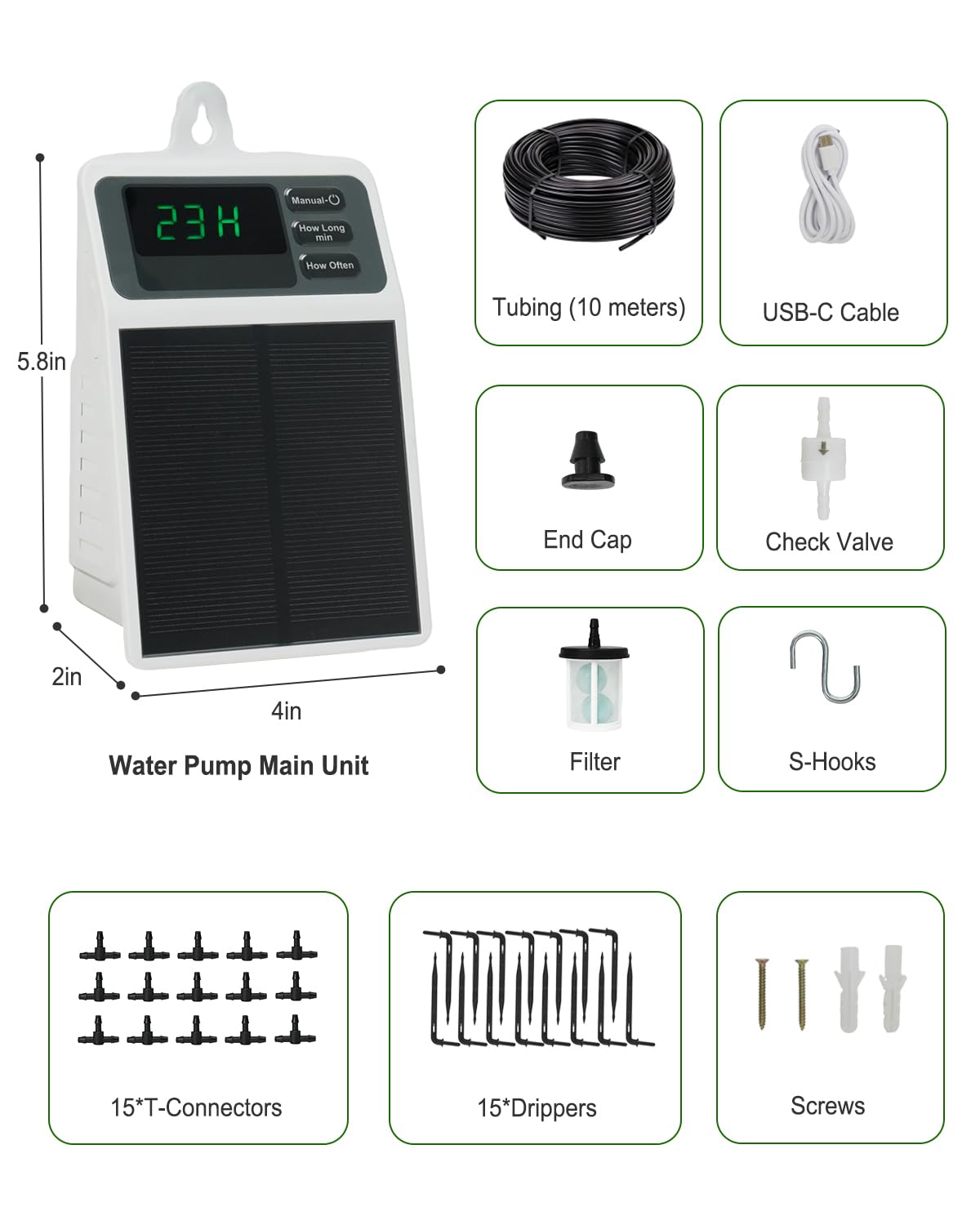 Solar Automatic Drip Irrigation System, 15 Pot Self Watering System with 2200mAh, IPX5 Waterproof, USB-C & Solar Charging, Timer Modes for Indoor/Outdoor Garden, Balcony & Patio