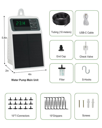 Solar Automatic Drip Irrigation System, 15 Pot Self Watering System with 2200mAh, IPX5 Waterproof, USB-C & Solar Charging, Timer Modes for Indoor/Outdoor Garden, Balcony & Patio
