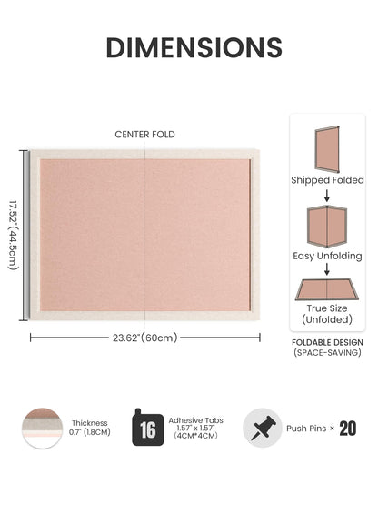 Fluxynara Foldable Cork Board Alternative, Felt Bulletin Board 23.6" x 17.5" Oatmeal Frame with 12 Adhesive Tabs, Pin Board for Home Office, Classroom, Entryway, Kitchen Wall Decor—Pink
