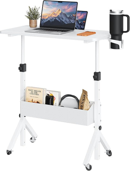 ErGear Mobile Standing Desk with Wheels, Adjustable Height 28.3″ to 46.1″, Rolling Laptop Cart with Cup Holder, Storage Basket, Computer & Pen Slot, Home Office Stand Up Desk, White (31.5″ x 15.75″)