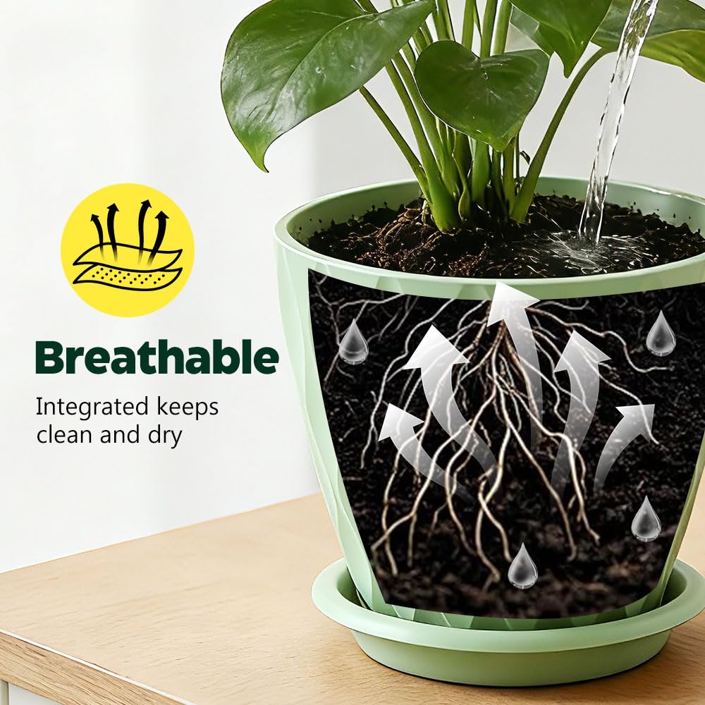 KEETUMOOD Plant Pots, Self Watering Planters with Drainage Holes and Trays, Flower Pots for Indoor Outdoor - 6 Pack(4/5/6/6.5/7/8 Inch) (Light Green)