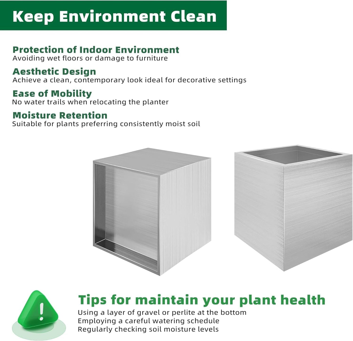 LONGRUNNEW Stainless Steel 25cm Square Planter with Wheels Trolley, Large Plant Pots for Indoor, Outdoor, Business Space, Public Places, Easy to Clean and Move