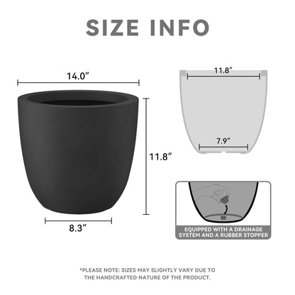 Kante 14 Inch Dia Round Concrete Planter, Indoor Outdoor Large Plant Pot with Drainage Hole and Rubber Plug for Home Patio Garden, Black