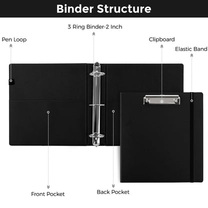 SKYDUE 3 Ring Binder with Clipboard, 2 Inch PU Heavy Duty Binder with Notepad & 5 Dividers with 5 Pockets, Labels, Clipboard Folder Great for School Office(Fit Letter Sized Paper)