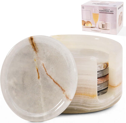 SPESHSTONES Marble Coasters Set of 6 Cream Onyx 3.5 Inch Round Stone Coaster for Drinks with Holder - Ideal Drink Coasters for Coffee Bar Accessories, Gifts, Dining Table & Home Décor