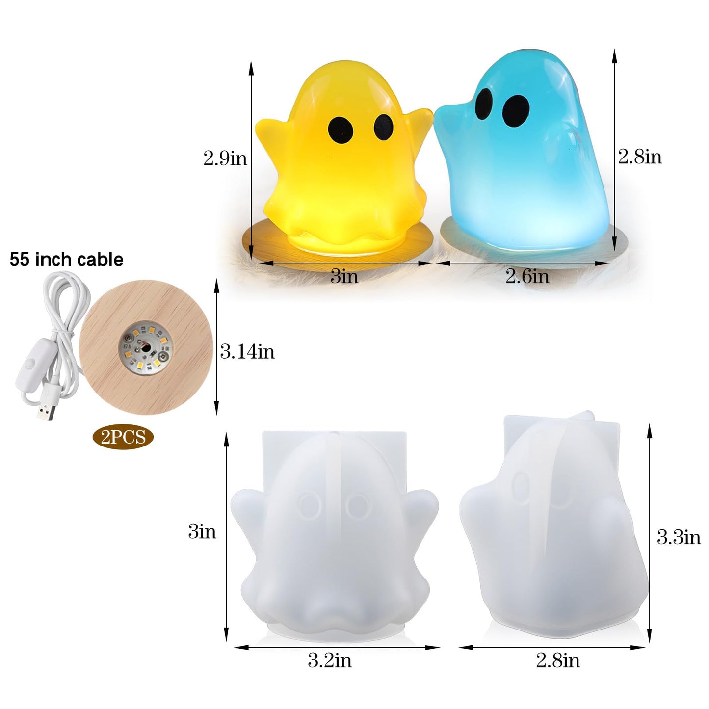 Ghost Resin Molds, Halloween Ghost Silicone Resin Molds for Epoxy Casting, 2Pcs Ghost Night Light Resin Molds with 2 Pcs USB Wooden Lighted Base, DIY Bedside Lamp Resin Art Halloween Decor