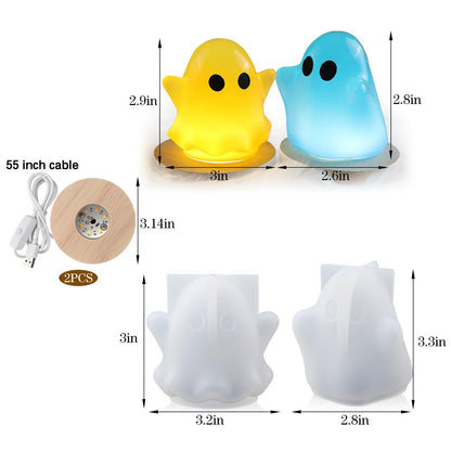 Ghost Resin Molds, Halloween Ghost Silicone Resin Molds for Epoxy Casting, 2Pcs Ghost Night Light Resin Molds with 2 Pcs USB Wooden Lighted Base, DIY Bedside Lamp Resin Art Halloween Decor