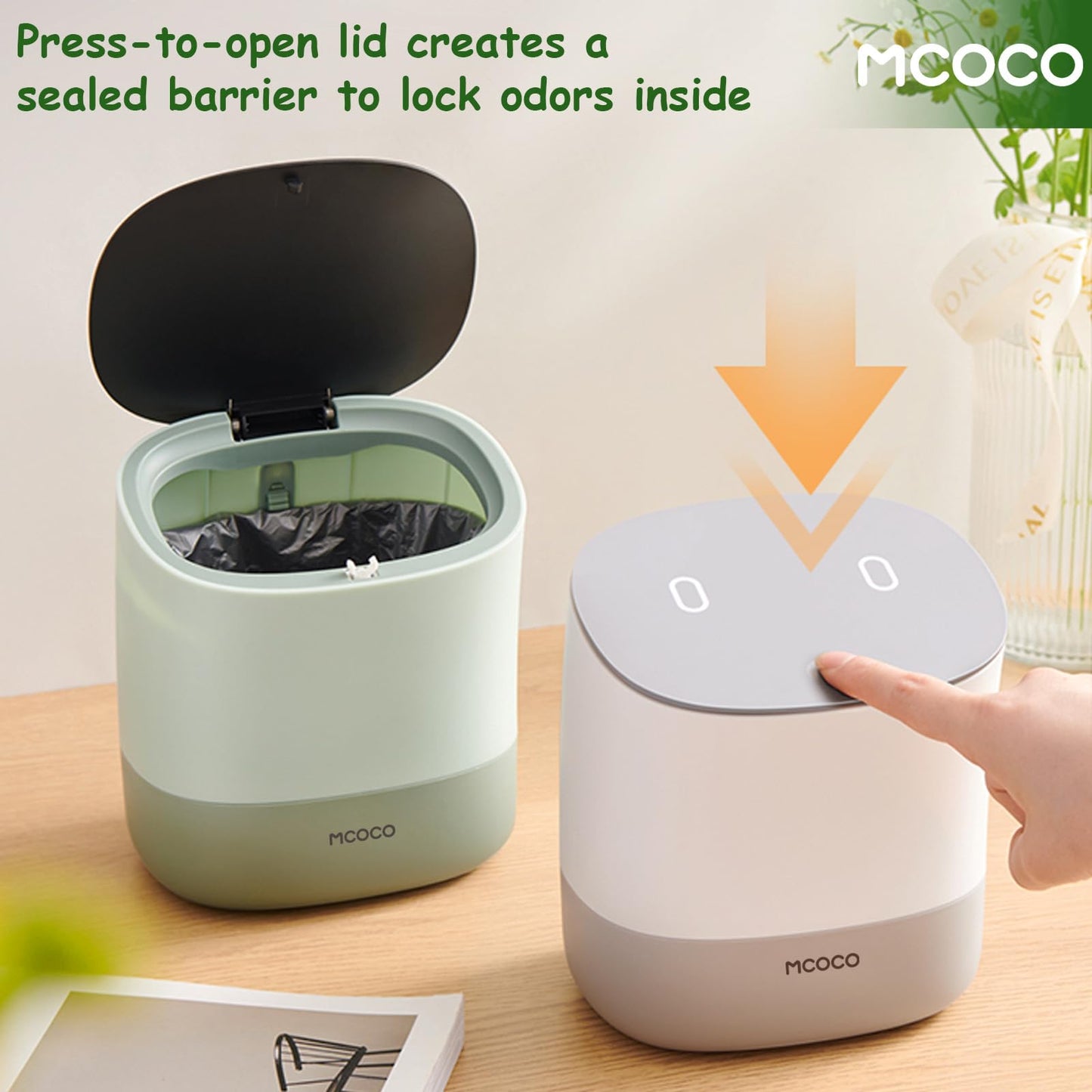 MCOCO Mini Trash Can with Pop Up Lid Portable mini Garbage can Little Plastic Trash Bin for Bedroom Bathroom Desk Coffee Table or Kitchen 0.4 Gallon White with 30 Trash Bags