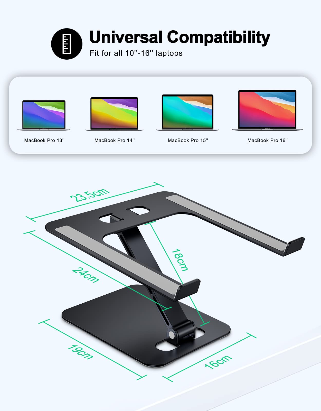 RIWUCT Foldable Laptop Stand, Height Adjustable Ergonomic Computer Stand for Desk, Aluminum Portable Laptop Riser Holder Notebook Mount Compatible with MacBook Pro Air, HP, Dell 10-16"(Black)