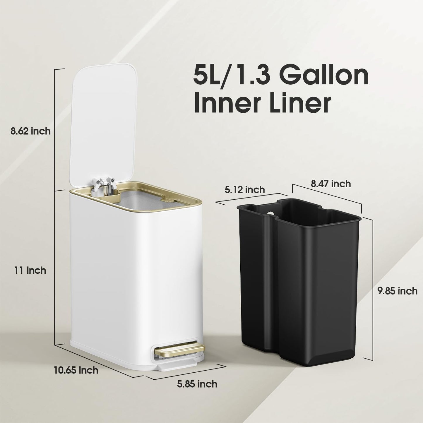 GibHerz Small Bathroom Trash Can with Lid Soft Close, 5L / 1.3 Gallon Slim Garbage Can with Removable Inner Bucket, Step Stainless Steel Trash Bin for Office, Bathrooms, Bedroom, Living Room (White)