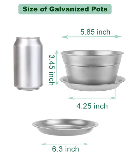 vensovo 6 Inch Silver Shallow Small Metal Plant Pots with Saucer-6 Pack Medium Metal Galvanized Flower Pot with Drainage Hole,Planter Pots with Tray Perfect for Planting and Wedding Party Decor