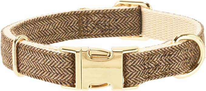 Luxury Soft Cotton Tweed Fabric Dog Collar & Leash Set with Gold Buckle – Durable Fabric, Stylish Design for Everyday Walks(Medium Coffee)