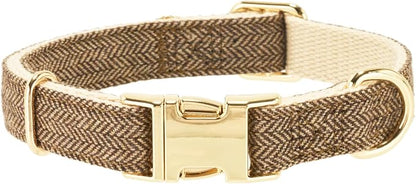Luxury Soft Cotton Tweed Fabric Dog Collar & Leash Set with Gold Buckle – Durable Fabric, Stylish Design for Everyday Walks(Small Coffee)