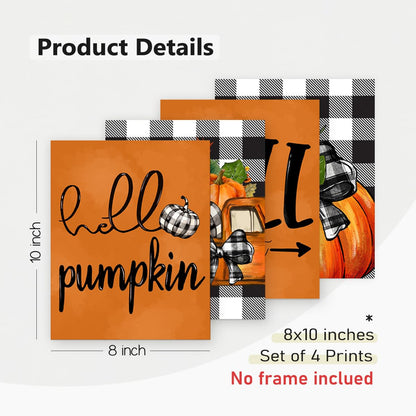 PLKMN Fall Wall Decor Set of 4, Thanksgiving Buffalo Check Pumpkin Truck Orange Decor, Fall Pictures Wall Art Prints 8x10 for Home Gallery Bedroom (Unframed)