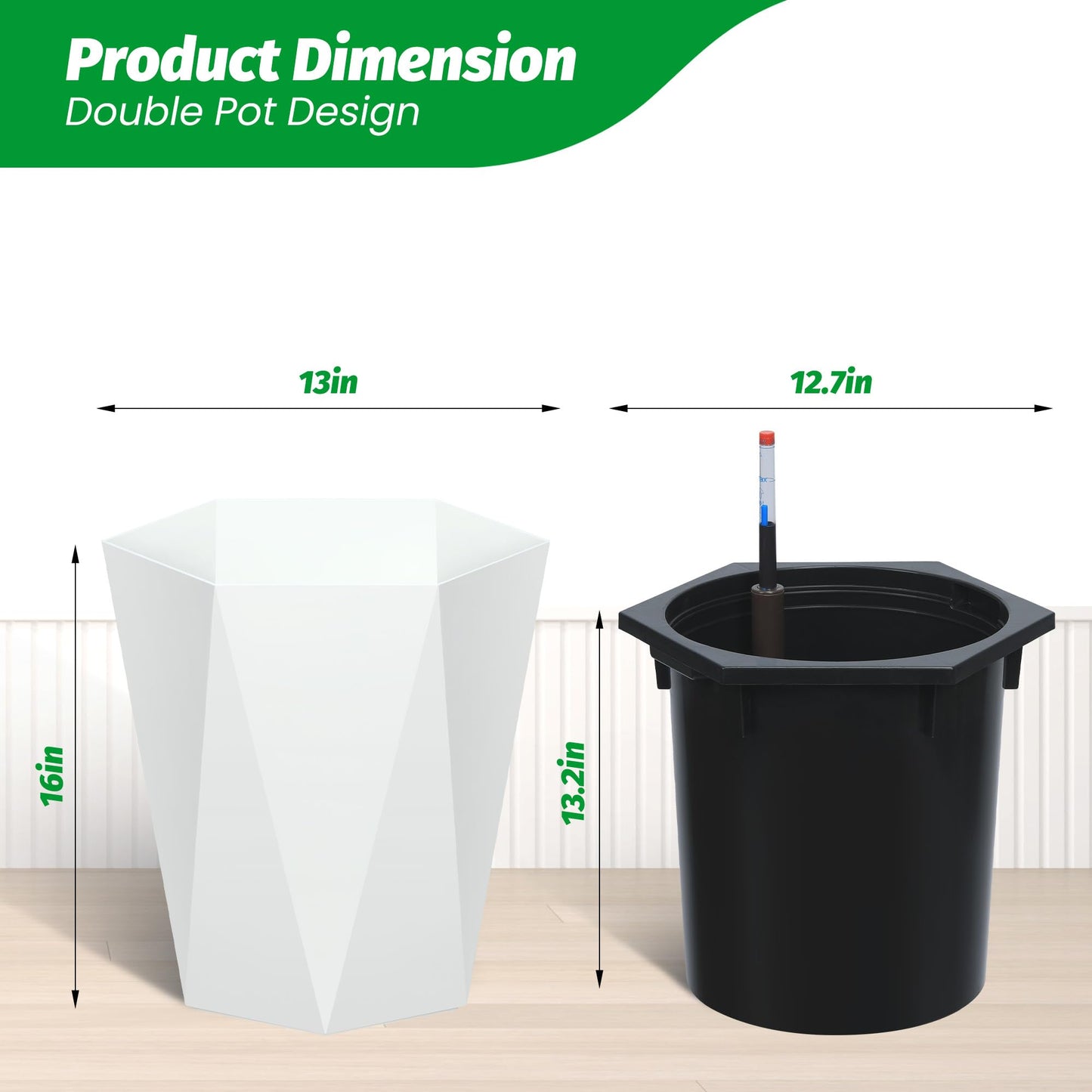 GarveeLife 16 Inch Tall Planters Set of 2, Outdoor Planters Self Watering Plant Pots with Water Level Monitor, Multiple Drainage Holes, Flower Pots for Patio, Porch, Living Room, or Home Office, White