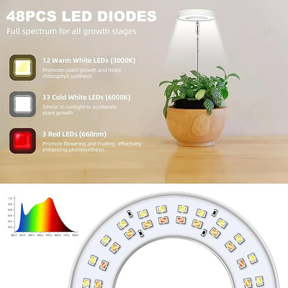 Kullsinss Grow Lights for Indoor Plants, 48 LEDs Full Spectrum Halo Plant Light for Indoor Plants, Height Adjustable Growing Lamp with Detachable Base, 3/9/12Hrs Timer, 10 Brightness, 3-Pack
