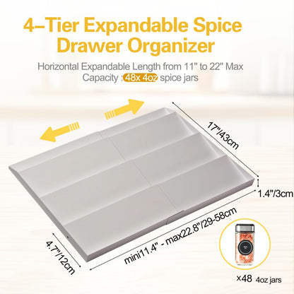 GOENDR Metal Spice Drawer Organizer, 4 Tier Spice Rack for Drawer, Expandable Seasoning Organizer For 11.4-22.8” Wide Drawer, Holds up to 48 Spice Jars (Not Included), White