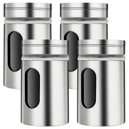 4 Pcs Salt and Pepper Shakers, Stainless Steel Kitchen Spice Dispensers with Adjustable Pour Holes, Clear Viewing Window, Mini Spice Jars for Salt, Pepper, Sugar, Cinnamon