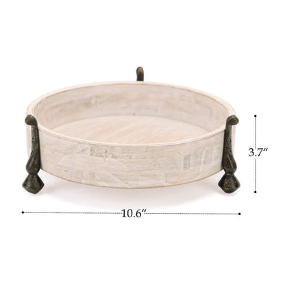 NIKKY HOME Round Wood Decorative Tray, 10 Inch Farmhouse Distressed Candle Tray, Centerpiece Decor for Coffee Bar, Kitchen Counter, Dining Room Table - White