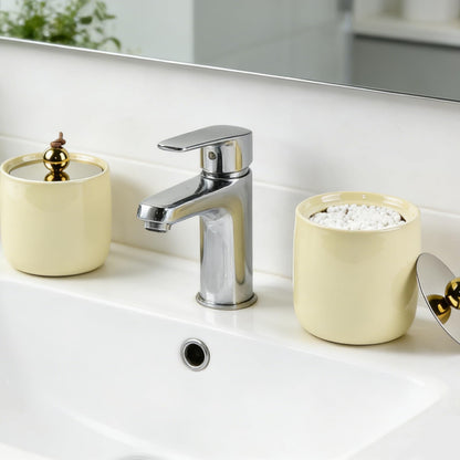 Ceramic Qtip Holder Dispenser with Gold Lids 2 Pack, Yellow Apothecary Jars Bathroom Vanity Organizer for Home Decor Bathroom Canister for Cotton Swabs, Rounds, Balls, Makeup Sponges, Bath Salts