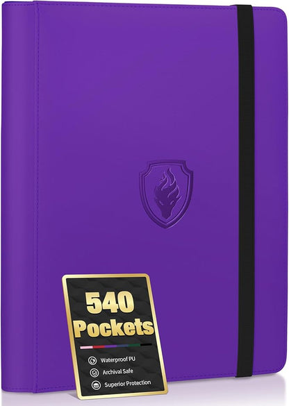 Premium 9 Pocket Card Binder for 540 Cards, Fabmaker PU Cover Trading Card Binder, Sturdy Card Collection Album, Sleek Card Holder Folders for Game Cards & Sports Cards, Purple
