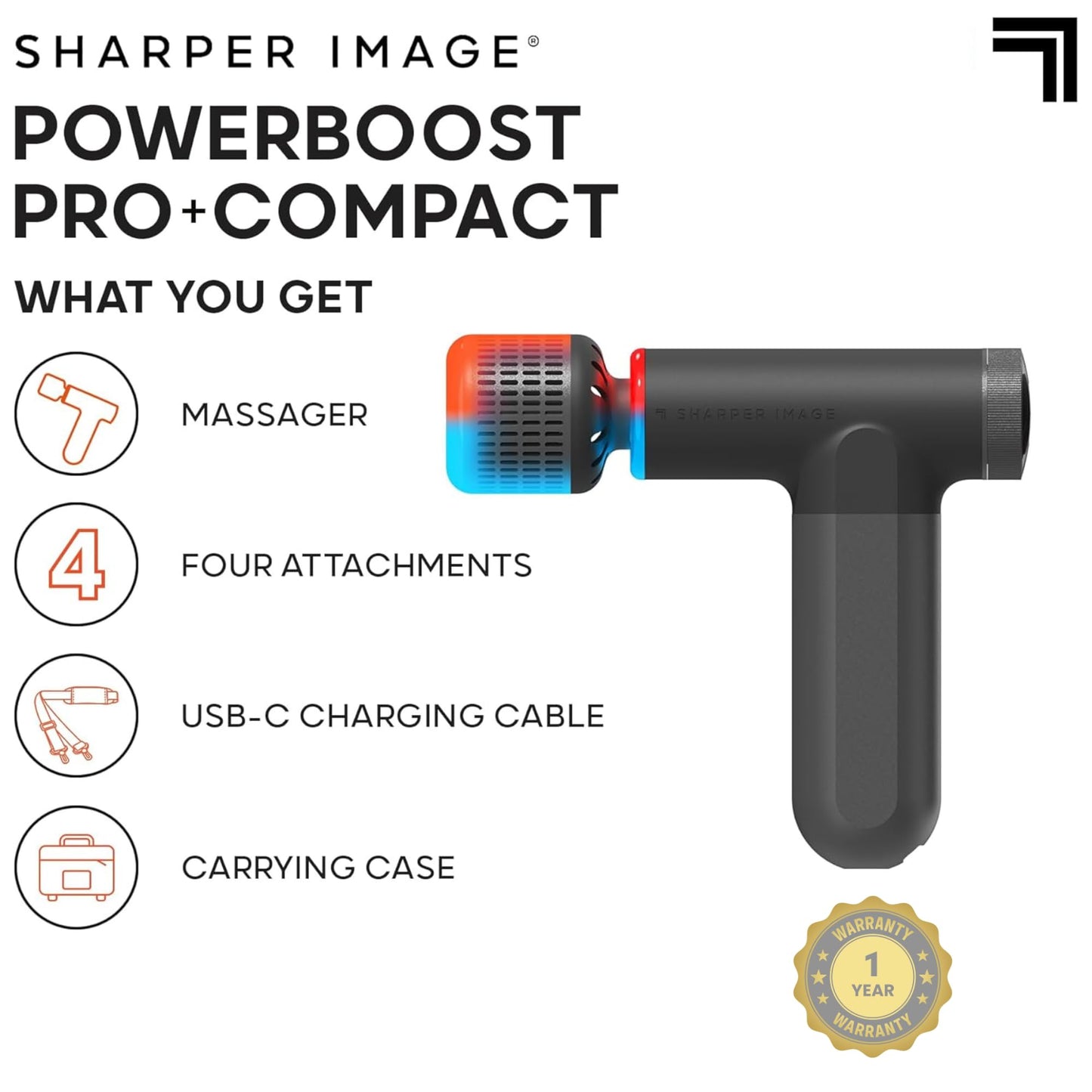 Sharper Image® Powerboost® Pro+ Hot & Cold Deep Tissue Massage Gun - 6 Speeds, 6 Attachments, 5-Hour Battery, Travel Case, Charging Base, Shoulder & Back Massager, Pain Relief Tool, FSA Eligible