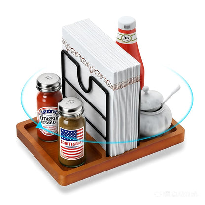 PENGARO Napkin Holder for Table, 360° Rotating Napkin Holders Metal Dining Napkin Dispenser with Salt and Pepper Shakers Holder, Standing Paper Napkin Storage for Kitchen Dining Table, Brown