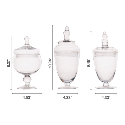 Elements Clear Glass Apothecary Jars with Lids, Set of 3 - Decorative Storage Jars for Home, Kitchen, Bathroom - 10, 9.5, 8.5 Inch Handcrafted Display Jar Set