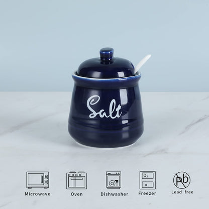 HAOTOP Farmhouse Porcelain Salt Bowl with Lid and Spoon 12oz,Easy to Clean (Navy)