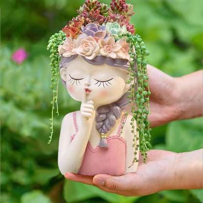 Snowy sunday Adorable Girl face Planter 2 Packs (Tranquility) Succulent Pot with Drainage Hole Tall Lady Head Planter Farmhouse Resin Flower Pot Decorative vase for Indoor and Outdoor Plants Gifts
