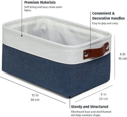 OrganiHaus 12x8in Canvas Storage Baskets 6 Pack | SMALL Fabric Bins for Shelves | Pantry & Bathroom Organizer | Navy Blue/Off-White