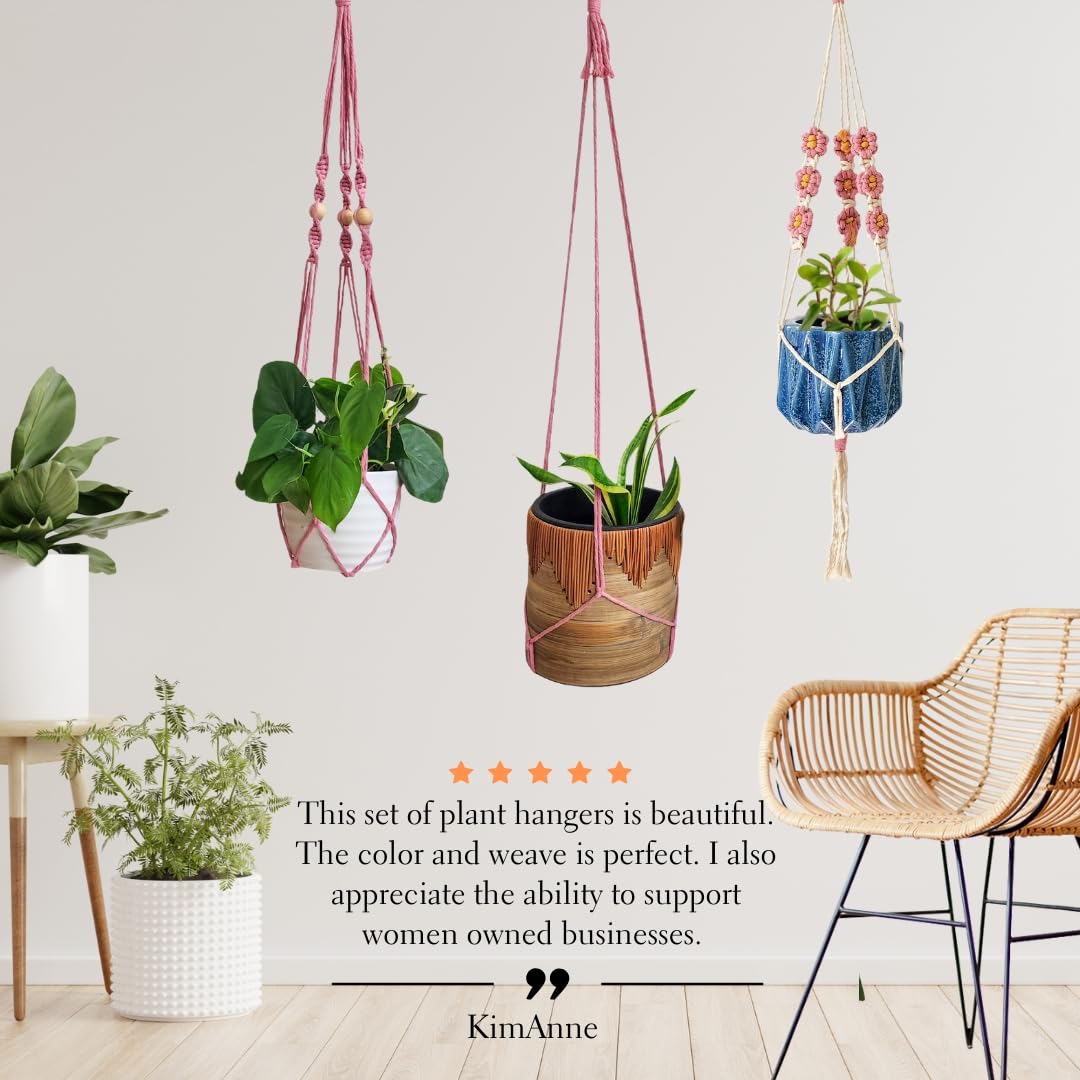 Set of 3 Macrame plant hangers with Daisies & Beads Hanging plant holder Macrame Plant hangers outdoor and indoor hanging planters Plant stand indoor Boho Decor hanging planter stand (Champagne Pink)