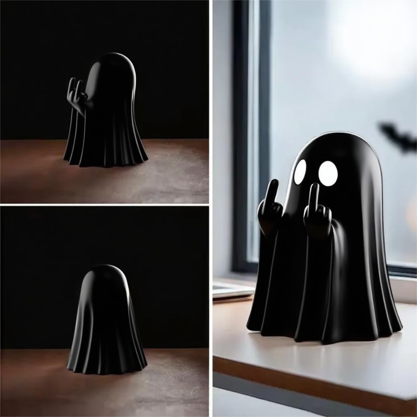 SMAILLBUDDHA Halloween Ghost Figurine Funny Middle Finger Resin Statue Cute Spooky Ghost Ornaments for Home Desk Party Porch New Year's Gift for Friends (Black)