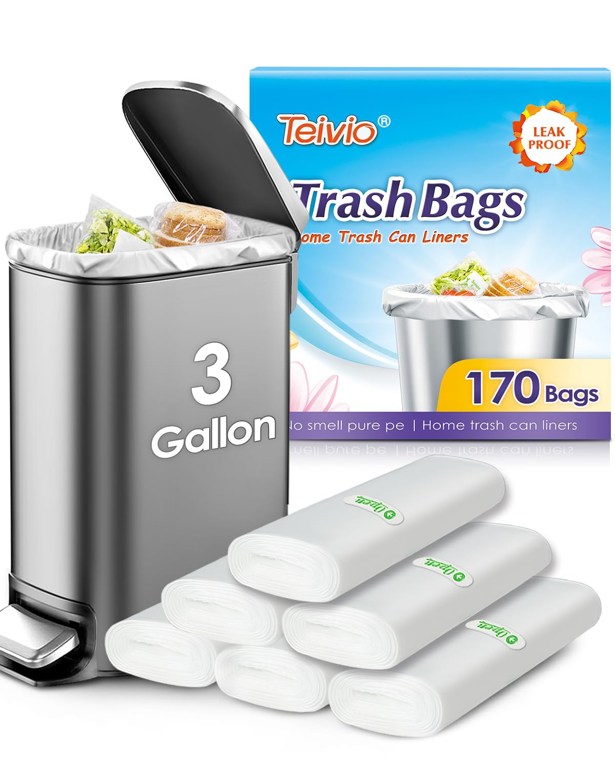 3 Gallon 170 Counts Small Trash Bags 3 Gallon 3.1 Gallon 3.2 Gallon fit 10 liter Garbage Bags by Teivio, Waste Basket Bags,Bathroom Trash Can Bin Liners, Plastic Bags for home office kitchen, Clear
