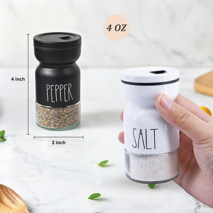 4oz Salt and Pepper Shaker Set with 4 Adjustable Pour Settings, Easy Refill Glass Shakers, Farmhouse Style for Kitchen, Dining Table, BBQ, RV & Camping